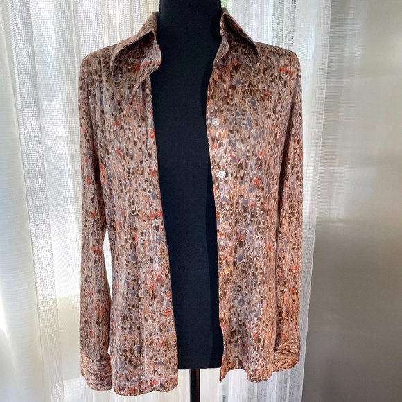 Vintage 70s top, abstract brown pattern, long sleeves blouse, size Large - Picture 6 of 6
